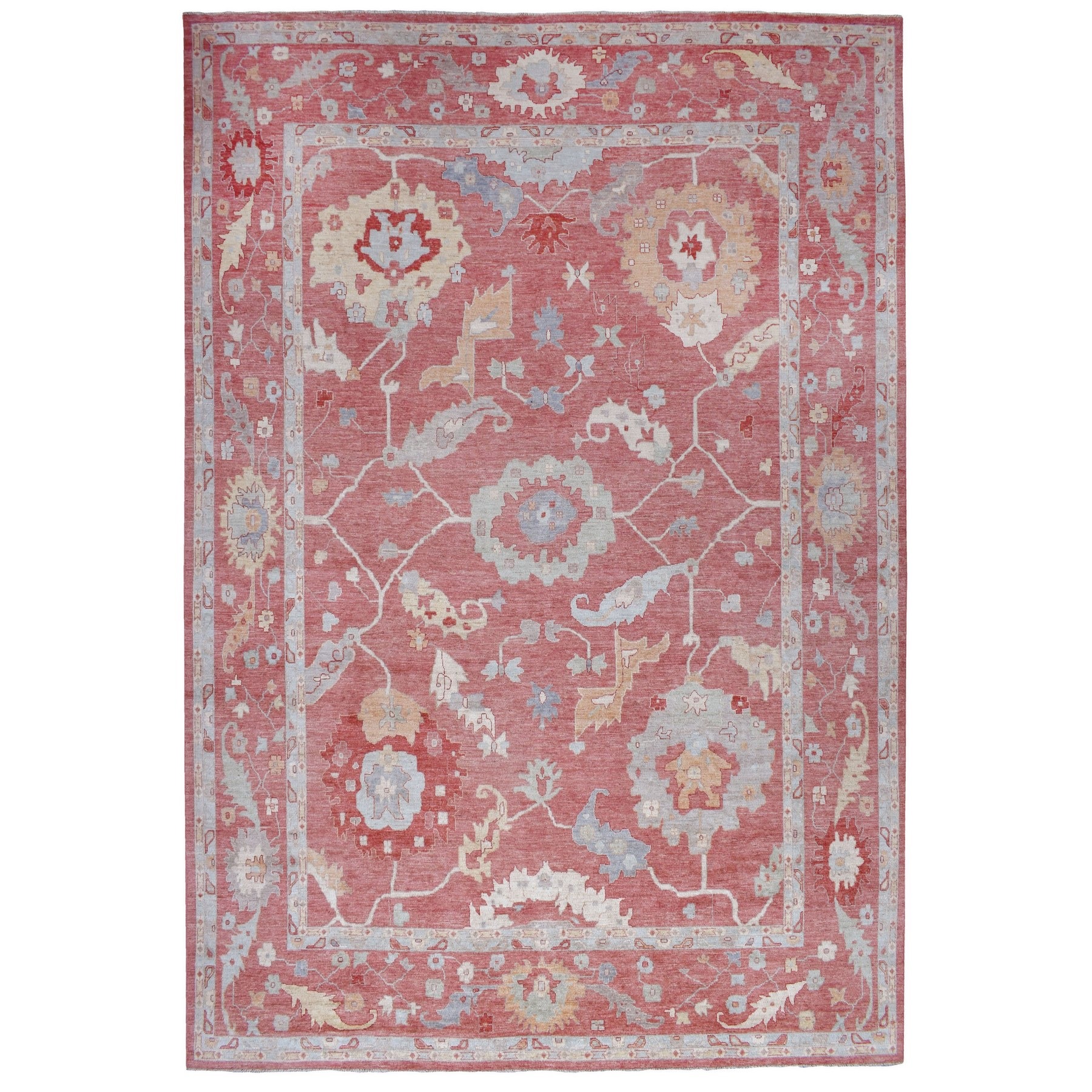 13'9"x19' Angora Oushak with Colorful Motifs Soft Afghan Wool Chestnut Pink Hand Knotted Oriental Oversized Rug 